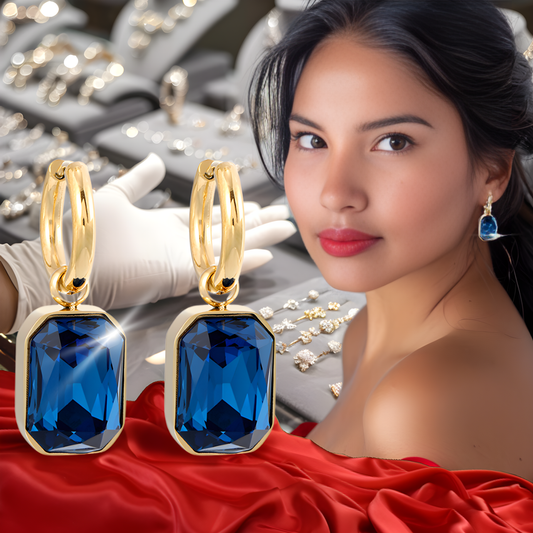 pendientes dorados con cristal azul